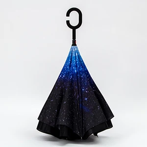 Starry sky С-крюк обратный зонтик звездное небо длинный хвостовик двойной слой ветрозащитный самостоящий закручивающийся зонтик Прямая - Цвет: Starry sky