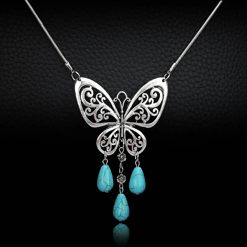 

National style Retro Butterfly long sweater chain necklace Pendant water droplets Bohemian wind Women jewelry