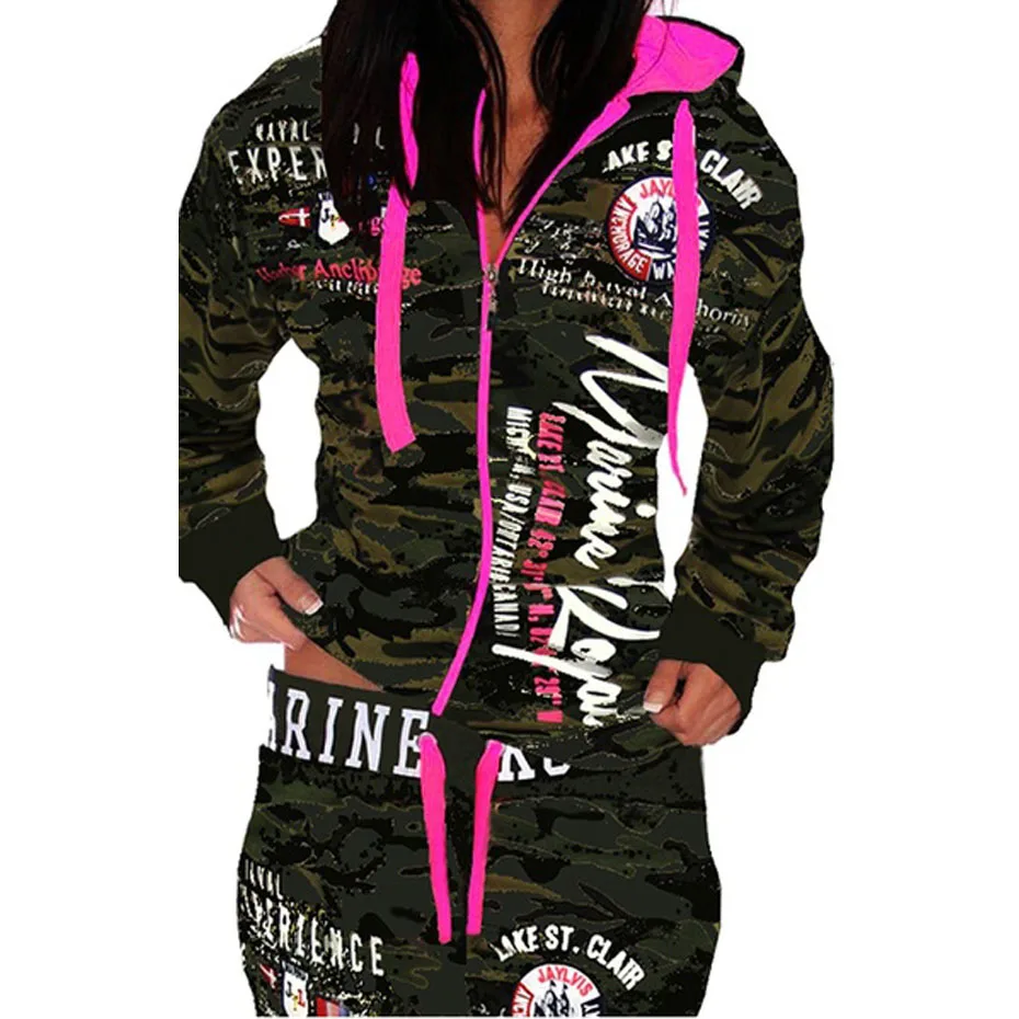 Женский спортивный костюм толстовка с капюшоном и брюки на молнии принтом осень