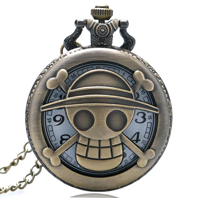 

Bronze Hot Sale Japanese Animation One Piece Theme Hollow Skull Fob Quartz Pocket Watch With Necklace Chain Gift for Children