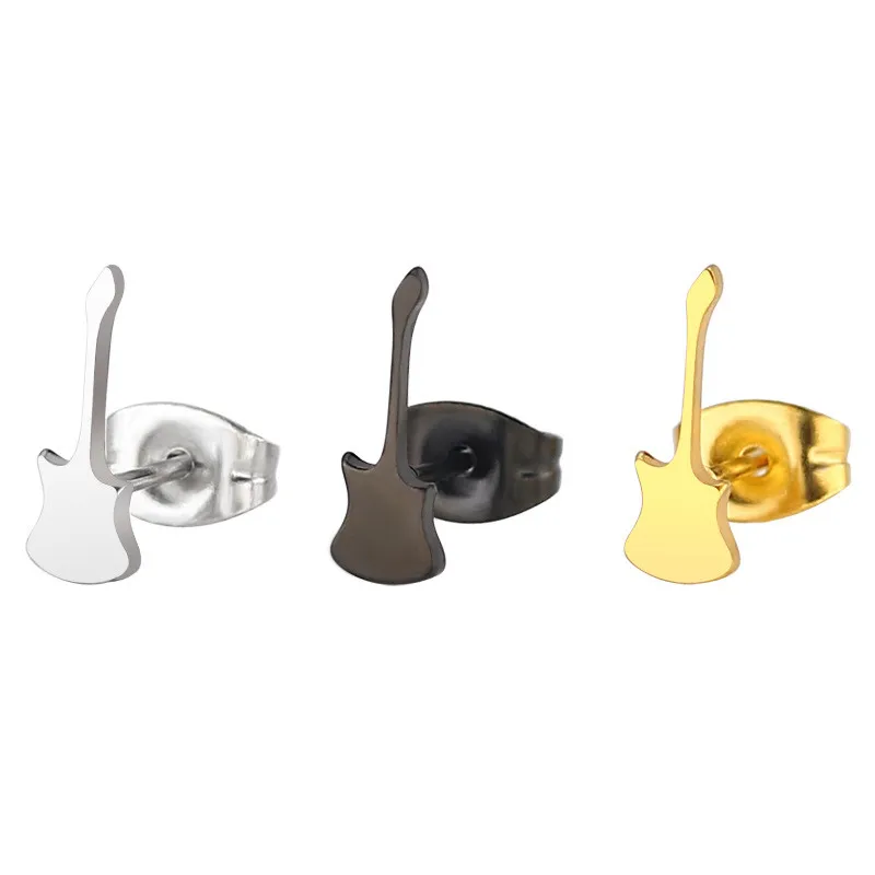 

New Design Hiphop Guitar Shaped Silver Black Gold Color Stud Earrings For Women Men Stainless steel Ear Jewelry Gifts