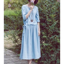 Хлопковые платья льняное летнее платье art слово платье с рукавом «три четверти»; новая Оригинальная в стиле ретро платье Синий D436