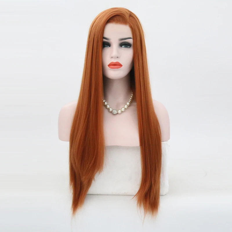 

RONGDUOYI Natural Straight Hair Synthetic Lace Front Wig Glueless Auburn High Temperature Heat Resistant Fiber Hair Women Wigs