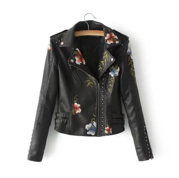 

Embroidered rivet leather female 2018 spring new short slim self-cultivation motorcycle jacket wild thin embroidery women's Coat