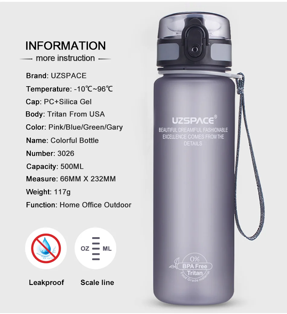 UZSPACE Mein Wasser Flaschen 500 ml Shaker Tragbare Sport Wandern Camping Raum Obst Saft Kunststoff Umweltfreundliche Drink mit filter3026-500_03