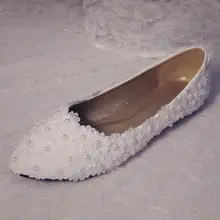 Сексуальная полный шнурок на плоской подошве женская обувь белое кружево цвета слоновой кости жемчугом романтичных леди невесты свадебные туфли свадебные женские нарядное платье обуви