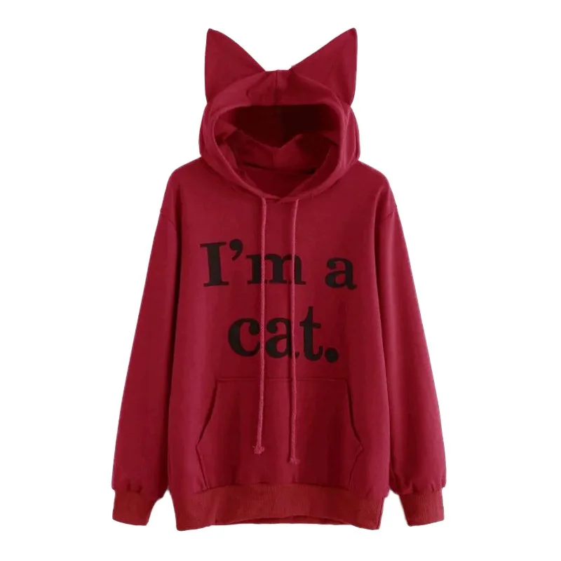 I'm a cat Letter Print Cat Ear Hoodie Regular Full Sleeve Sweet Hooded Pullover Autumn Women Girl Sweatshirt Large Size 2XL