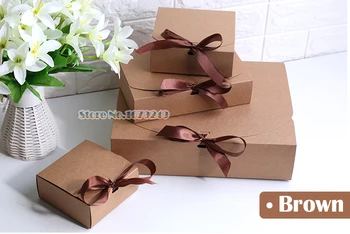 

100pcs/lot Brown Paper cake Box with Silk ribbon Chocolate Mooncakes, doughnuts, Macaron Party Cookies Box Gift Packaging Boxes