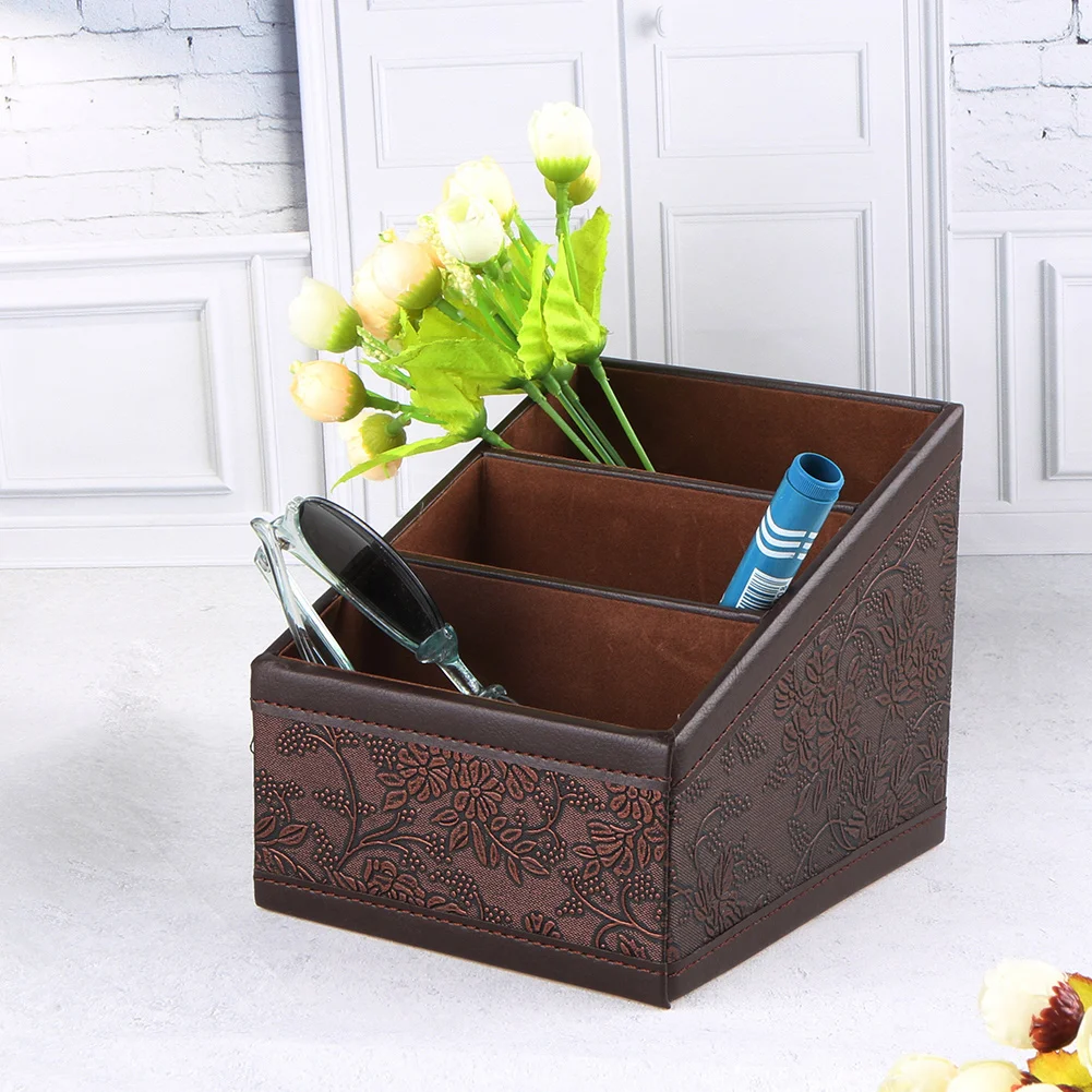 Retro PU Leather Storage Box Remote Control Phone Holder Cosmetic Organizer for Home Office Storage Case