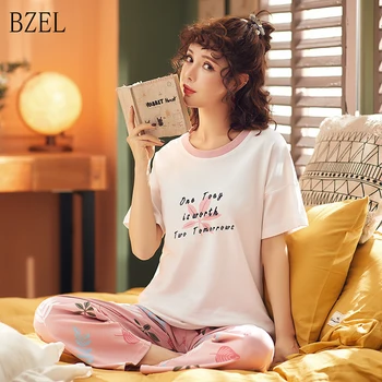 

BZEL New Pajamas Set Women Letter Print Shirt Pink Pants Sleep Lounge Nightgown Ladies Tops And Pants Sets Nightwear Lingerie