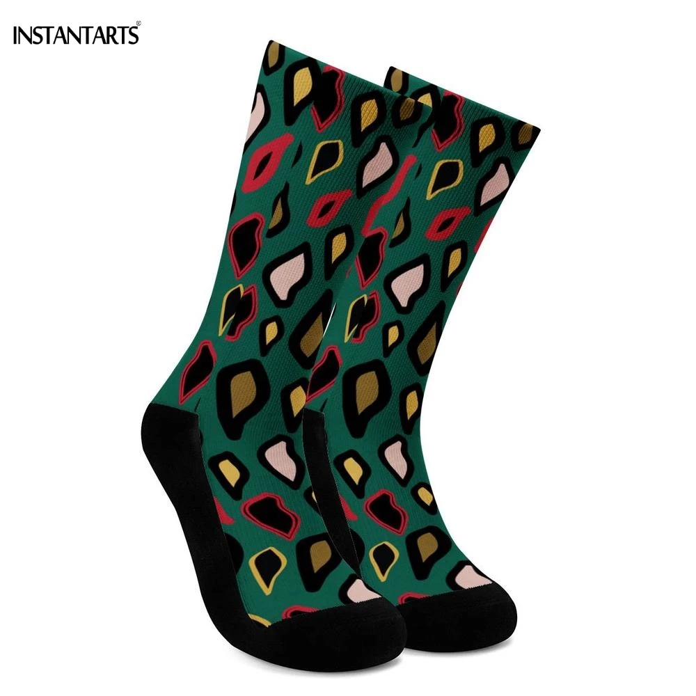 

INSTANTARTS Green Leopard Pattern Woman Cycling Socks Breathable Compression Sports Socks Female Outdoor Bike Running Gym Sock