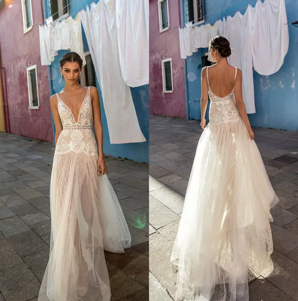 

2019 Sexy Wedding Dresses V-Neck Tulle Lace Side Slit Bridal Gowns Beach Boho vestido de novia Bride Sheer Backless Summer Bride