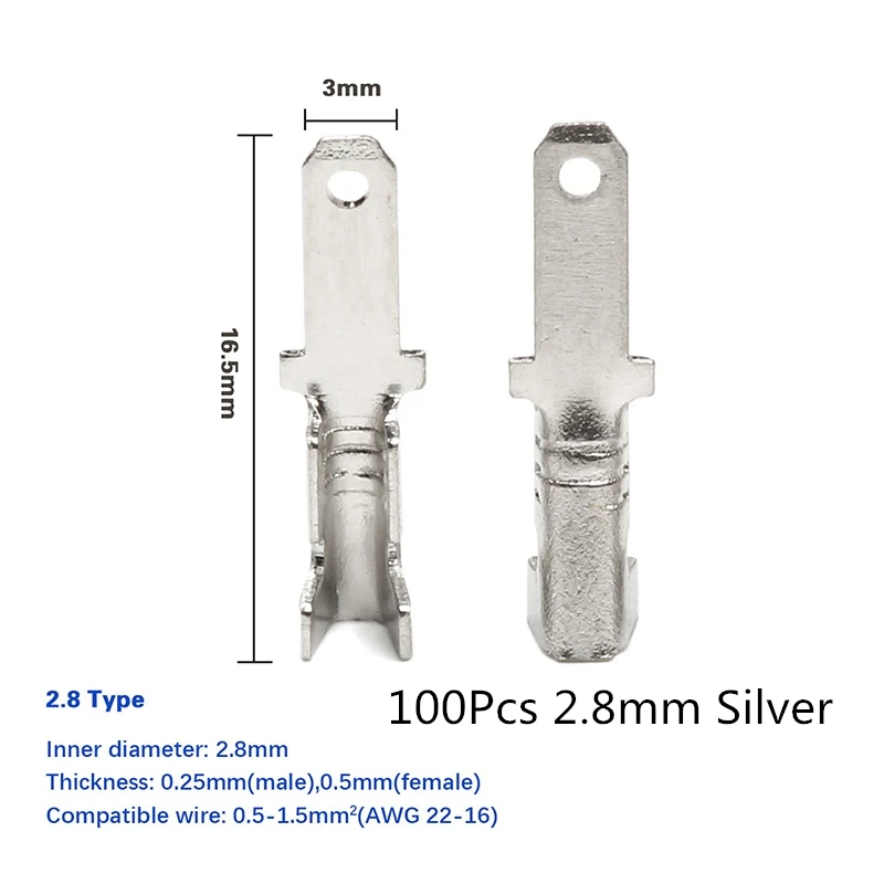200 шт. Женский обжимной разъем 2,8/4,8/6,3 мм золотой Латунный автомобильный динамик Электрический провод Разъемы набор 22-16 AWG - Цвет: 100 2.8mm Silver