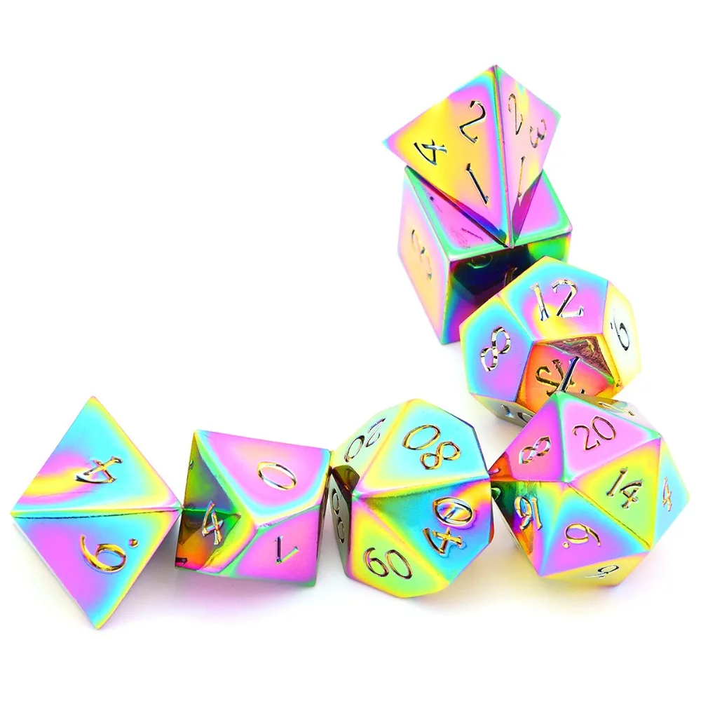 Koop 16mm Draak Lettertype Regenboog Metalen Dobbelstenen Dungeons And Dragons Metal Dice Set 7 sterven Solid Dobbelstenen met Gift Dobbelstenen tas voor RPG Games