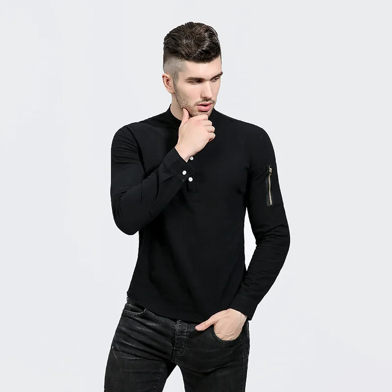 Новинка 2017 года осень мода молнии Дизайн Для мужчин colthes Slim Fit Для мужчин рубашка с длинными рукавами Однотонная рубашка Для мужчин