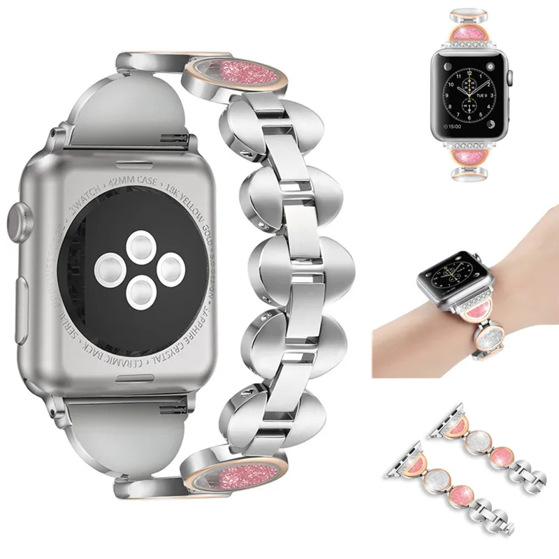 

Woman Bracelet Strap For Apple Watch Band 1 2 3 4 Quicksand Diamond Stainless Steel Replace Straps For Iwatch Band 38 40 42 44mm