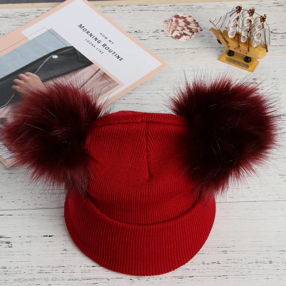 Женская теплая зимняя шапка для девочек s, двойная меховая шапка с помпоном, шерстяная вязаная шапка для девочек, шапка с помпоном из енота