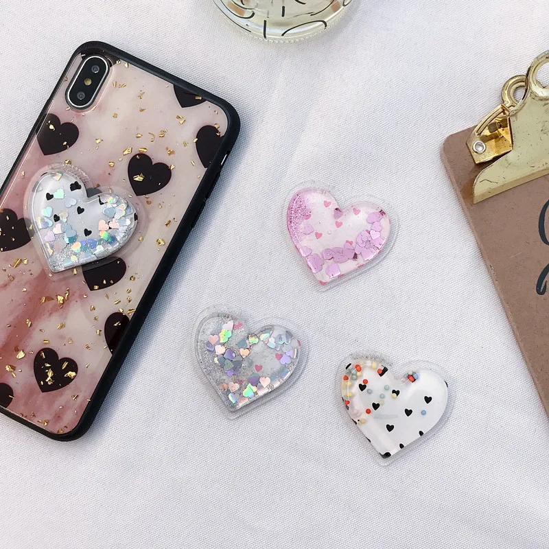 Cute Heart-shaped Liquid Glitter Mobile phone Holder stress reliever Squeeze soft pack Mount SmartPhone bracket for iPhone Redmi (2)