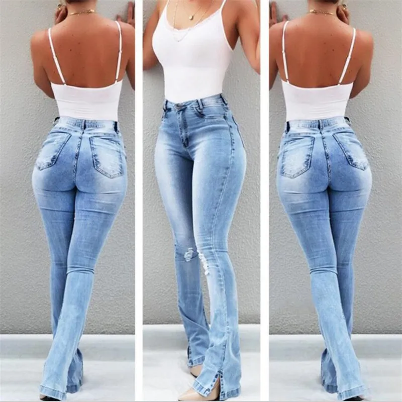 

New 2019 women's wear, high-waisted, open-footed, slightly ripped women's jeans