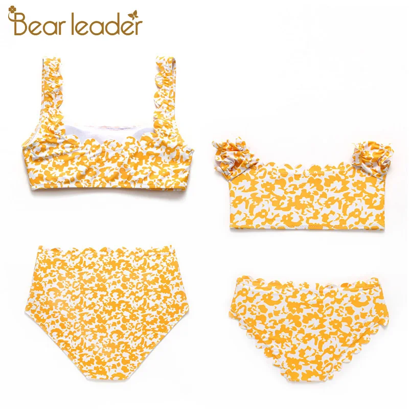 Bear Leader/одинаковые купальники для всей семьи; одежда для купания для мамы и дочки; женские и Детские бикини желтого цвета с цветочным принтом; купальные костюмы из двух предметов