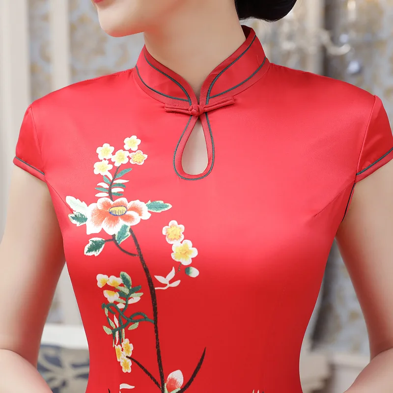 Традиционный китайский длинное платье Для женщин красного атласа Cheongsam Sz S до 3XL