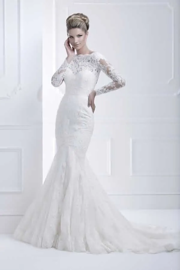 

Elegant Lace Long Sleeves Open Back Mermaid Wedding Dresses 2015 New Bridal Gowns Custom Made