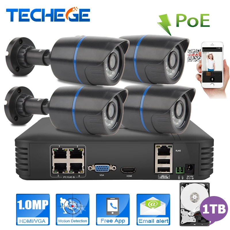 Techege 4CH POE NVR 1080P HDMI 4PCS 1.0MP IP camera IR Weatherproof Outdoor 720P CCTV Camera Security System Surveillance Kit