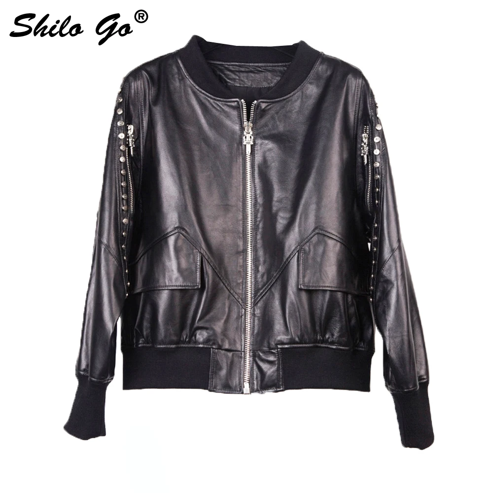 

Fashion women high quality Sheepskin round neck zipper Cross metal rivets locomotive black genuine leather baseball jacket XXXL