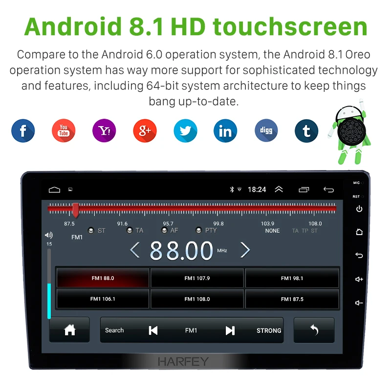 Sale Harfey Universal HD Touchscreen car GPS Navi Radio RHD Android 8.1 9 inch with Bluetooth AUX Music support DVR Carplay OBD SWC 1
