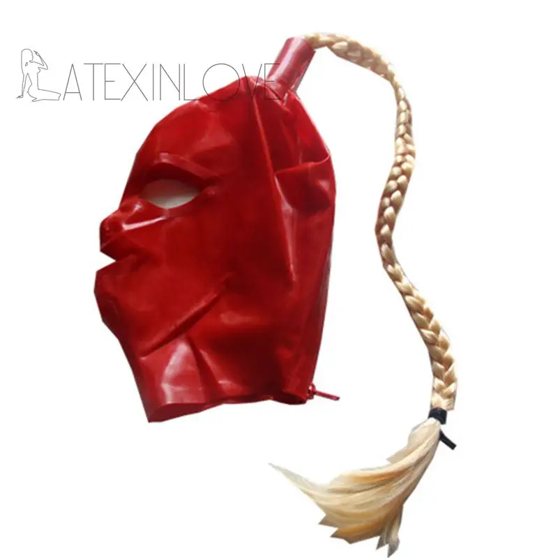 Sexy-Red-Latex-Hood-Mask-Fetish-Blond-Braids-Open-Red-Eyes-Mouth-Back-Zipper-with-One-Pigtails-1