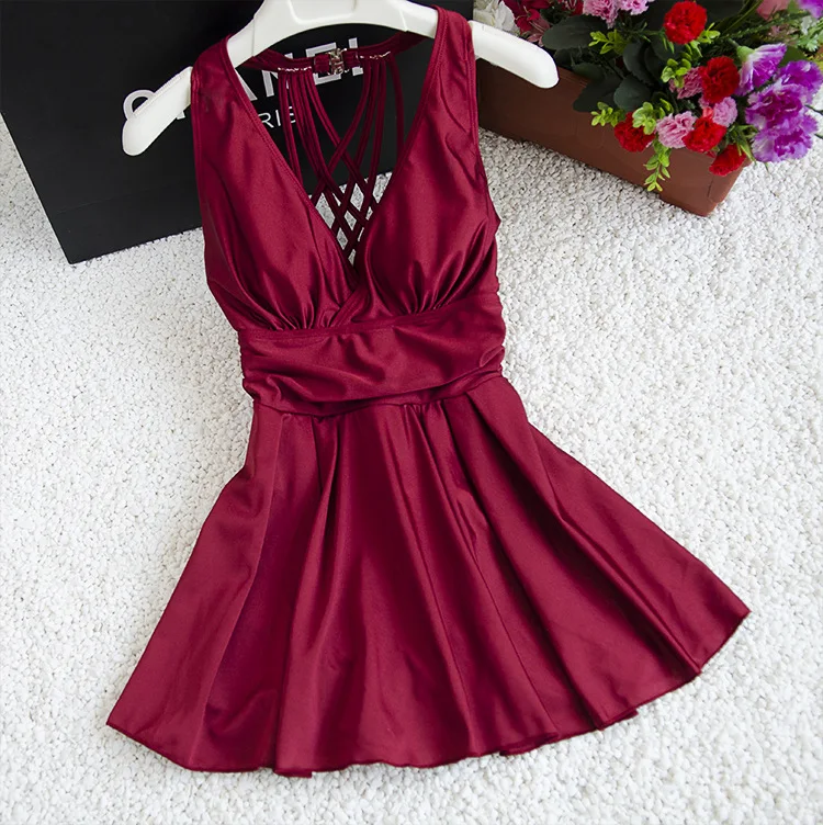 

M-3XL New Plus Size Women Swimsuit Solid Push Up Skirted Bathing Suit Padded One Piece Swim Beach Dress Sexy Ladies Swimwear