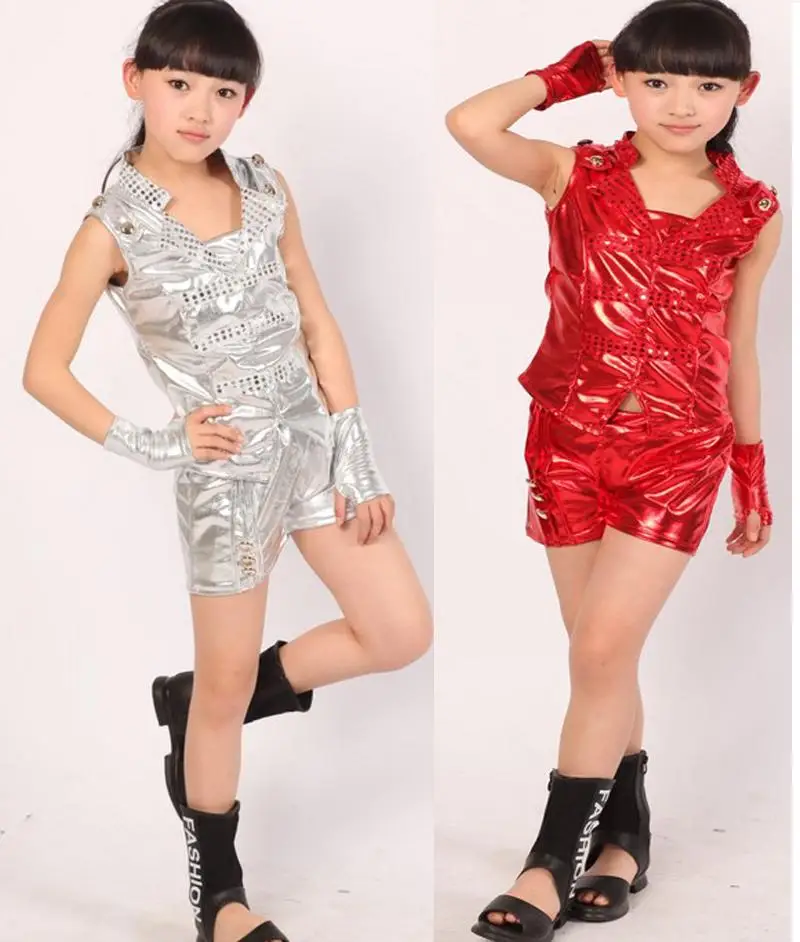 Free shipping,red silver cool children girl boy performance flashing  Hip hop Jazz modern dance suit costume pants gloves