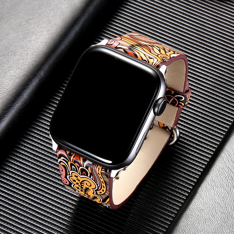

leather strap for apple watch band 4 42mm 38mm 44mm 40mm correa Printing flower watchband for iwatch bracelet series 4/3/2/1