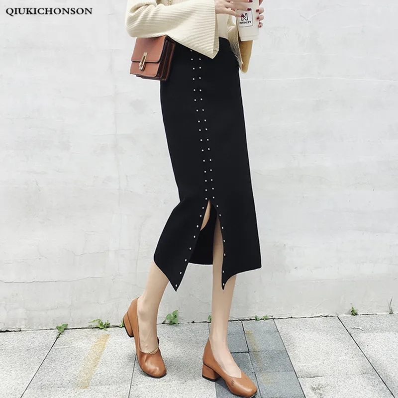 

Thick Autumn Winter Skirts Women Vintage High Waist Rivet High Slit Knitted Skirt Wrap Hips Stretchy Fitness Long Pencil Skirts