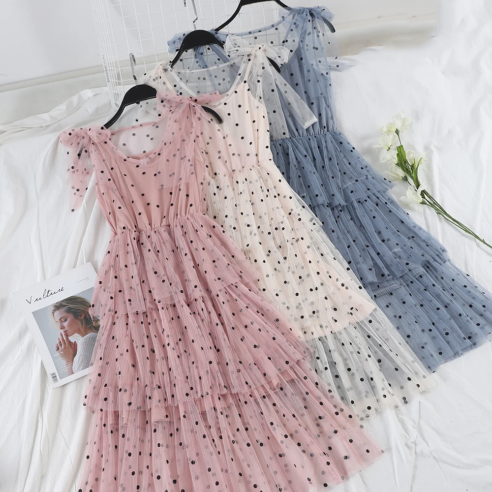 

Women Summer Sleeveless V-neck Spaghetti Strap Dress Casual Elastic Slim High Waist Mesh Gauze Voile Pullover Pleated Cake Dress