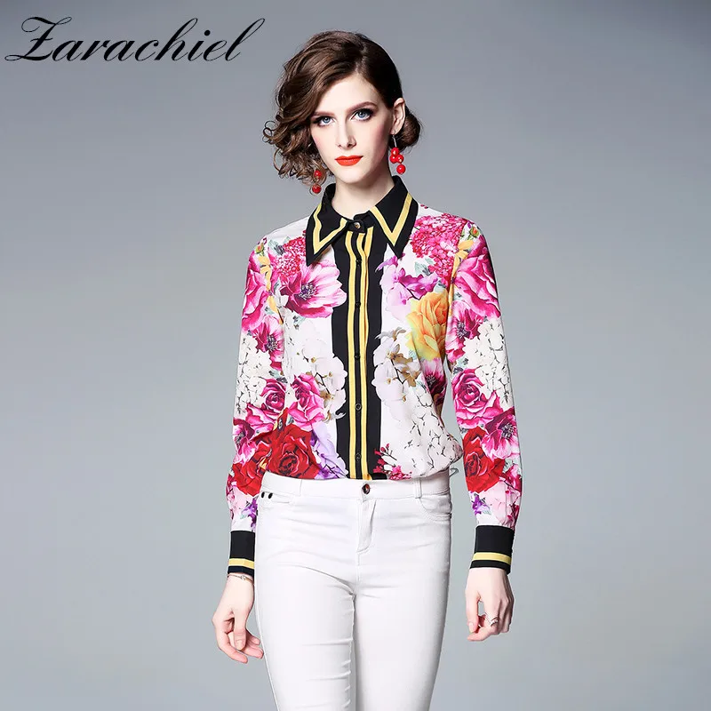 

2019 Summer Women Fashion Turn Down Collar Long Sleeve Rose Shirt Blouse Flower Print Loose Casual Blosues Tops Ladies Blusa
