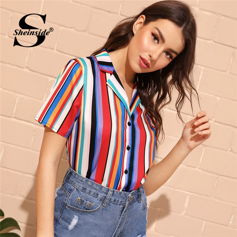 

Sheinside Casual Rainbow Stripe Print Blouse Women 2019 Summer V Neck Button Up Blouses Ladies Short Sleeve Notched Collar Top