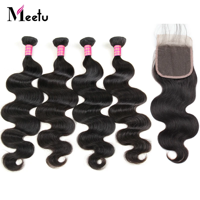 

Meetu Indian Body Wave Bundles with Closure 4 Bundles with Lace Closure Natural Color Human Hair Bundles with Closure Non Remy