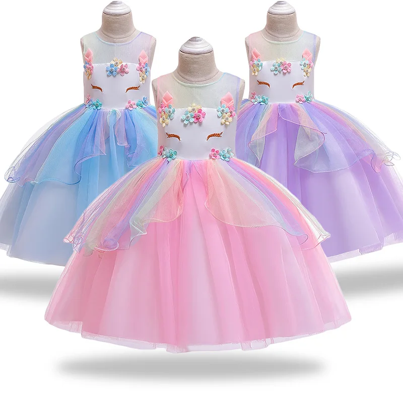 

2019 Unicorn Girl Dress Headdress Princess Dress Girl Birthday Gift Party Clothes Kids Halloween Christmas Costume