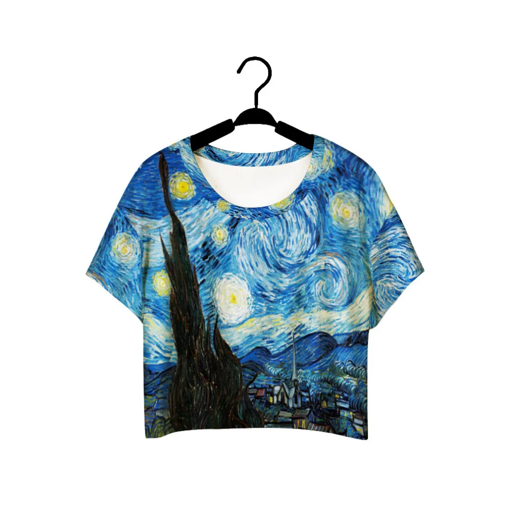 

Brand Harajuku Style Girls Van Gogh Leisure Crop Top Graffiti Painting women Vintage t shirt Casual Tee