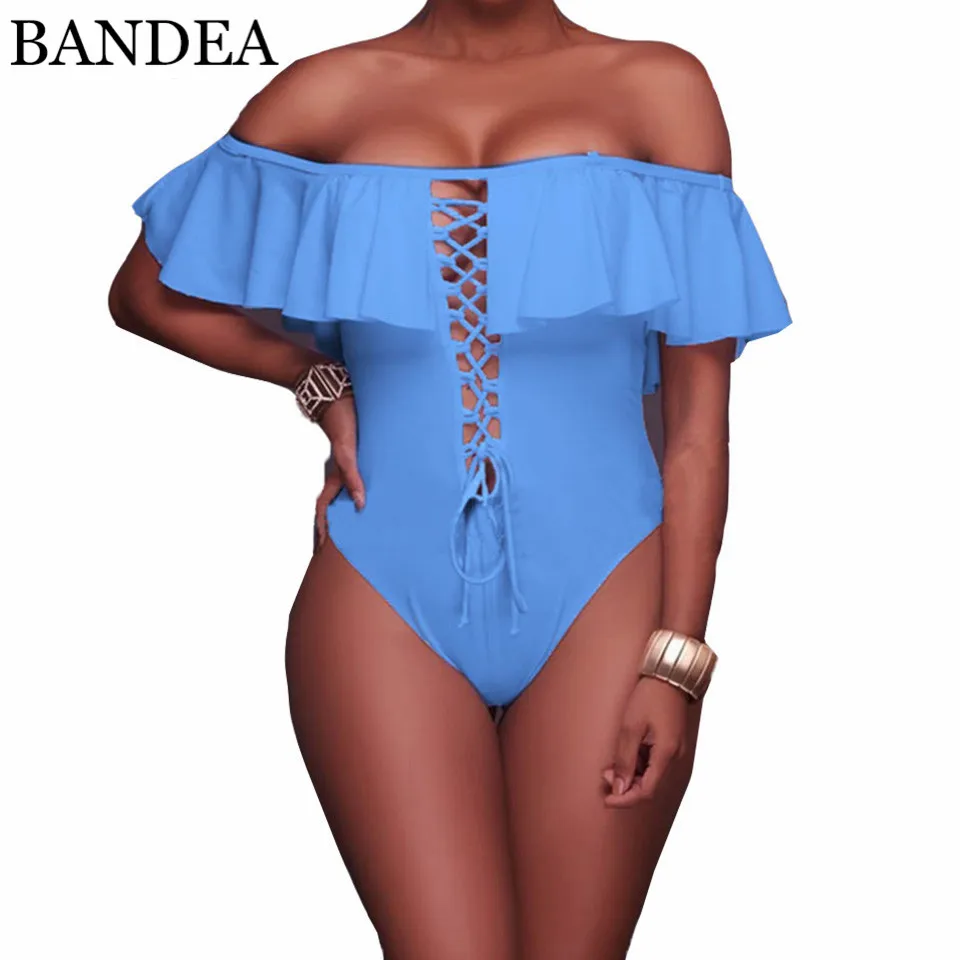 

BANDEA One Piece Swimwear Women Sexy Bandage Swimsuit Solid Ruffle Bathing Suit Beach Off Shoulder Monokini Swimming Suit