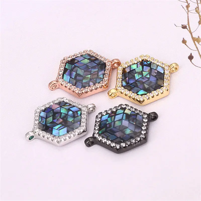 

20mm*14mm Micro Pave CZ Natural Abalone Shell Craft Jewelry Hexagon Charm bracelet connector for DIY Jewelry Accessories