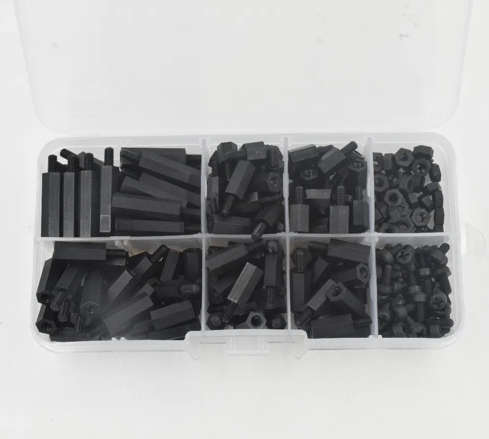 

220Pcs Black Nylon M3 Hex Column Male-Female Standoff Spacers Screw Nut Kit Box