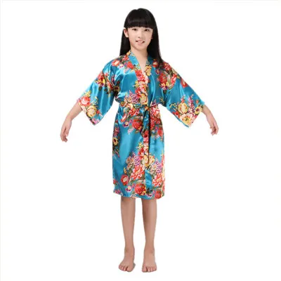 Emmababy От 2 до 14 лет Одежда для детей; малышей; девочек шелковый атлас кимоно халат ночная рубашка цветок пижамы платье Ночные сорочки - Цвет: Синий