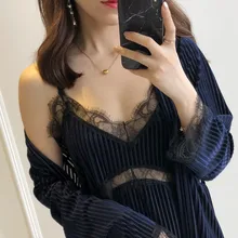 Весенний женский пижамный комплект, золотой бархатный халат, платье, комплект, Осенний сексуальный кружевной слинг, 2 предмета, женская пижама, Халат