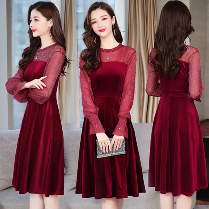 2019 New Spring Autumn Velvet Dress Women Vintage Long Sleeve Mesh
