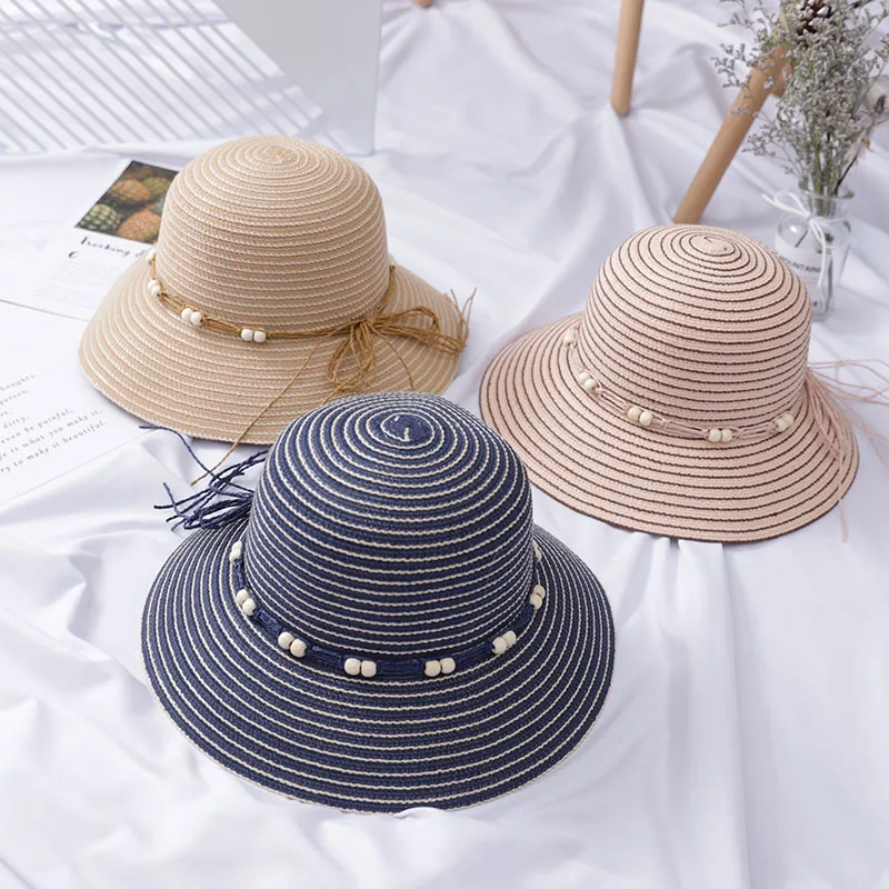 Летнее пляжный отдых путешествия Защита от солнца соломенная шляпа складная Пляжная Шляпа Шляпы Полосатый бант украшения широкие шляпы кепки