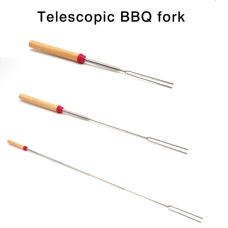 2 Pcs/set BBQ Forks Camping Campfire Stainless Steel Wooden Handle Telescoping Barbecue Roasting Fork Sticks Skewers BBQ Forks