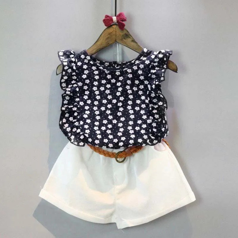 

Newborns Baby Girls Clothes Sets Sleeveless Floral T-shirt + Shorts Suit With Belt Baby Girl Clothes
