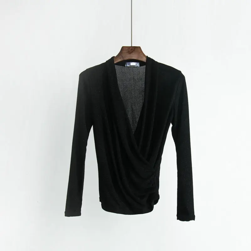 2018 spring new female blouses women's solid color deep V collar long sleeve shiny shirt women shirts